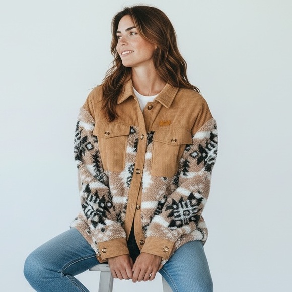 Simply Southern Womens Stylish Tan and Cream Teddy Jacket Size M - Picture 2 of 7